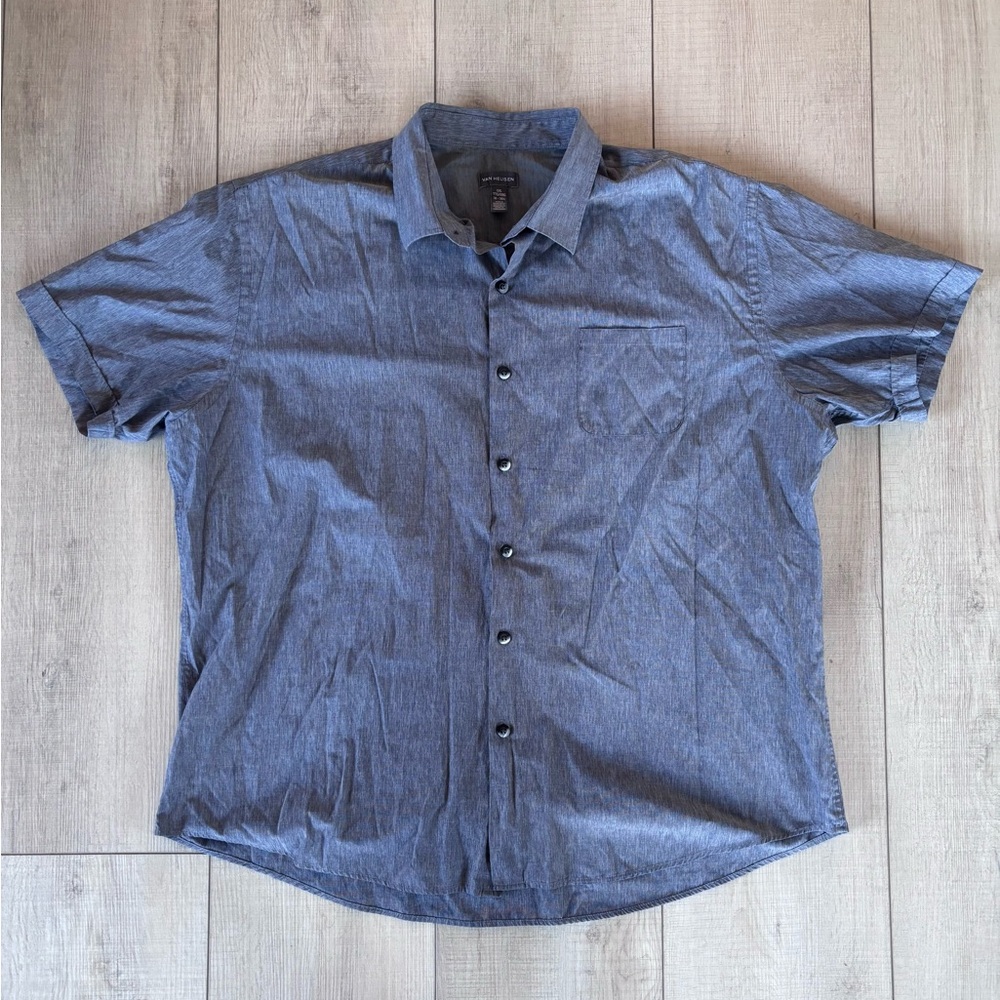 Van Heusen Men's Slate Blue Heathered Short-Sleeve Button-Down Shirt | XXL